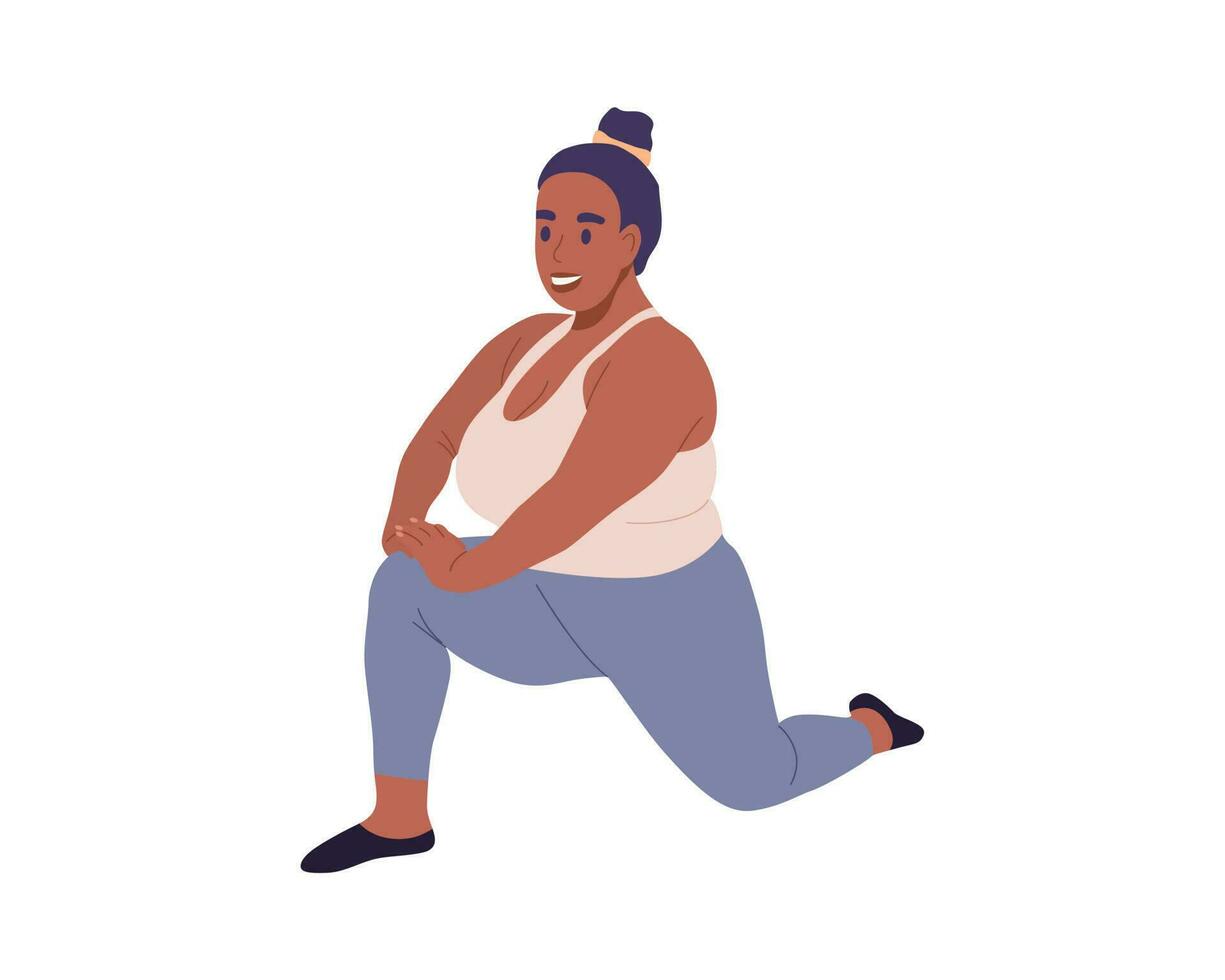 joven africano mujer tomando un pilates o yoga aptitud clase aislado en un blanco antecedentes. deporte bienestar personas estilo de vida concepto. vector ilustración