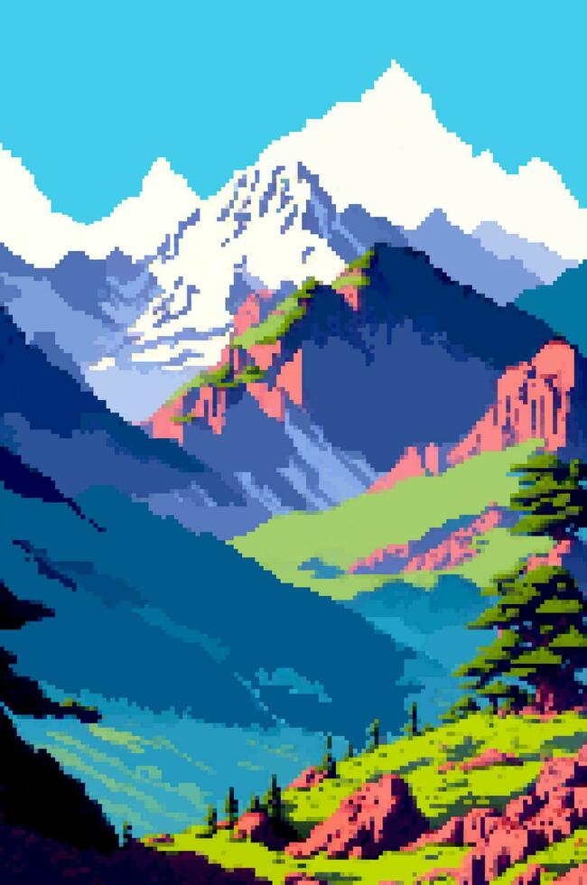 Landscape 8bit pixel art. Summer natural landscape mountain scenery arcade video game background vector