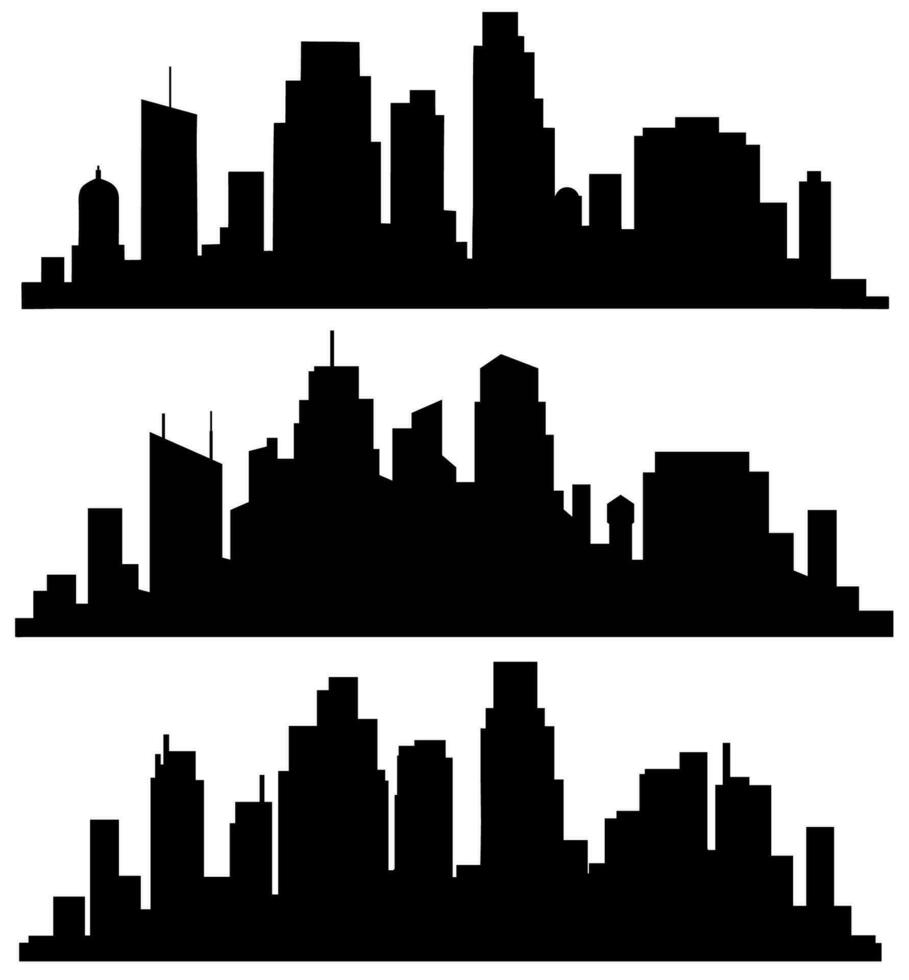 el paisaje de edificios es silueta en blanco antecedentes. un negro contorno de de poca altura y Alto complejos y rascacielos estructural construcciones metido urbano objetos vector