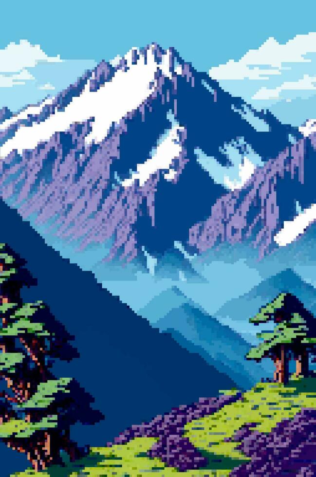 Landscape 8bit pixel art. Summer natural landscape mountain scenery arcade video game background vector