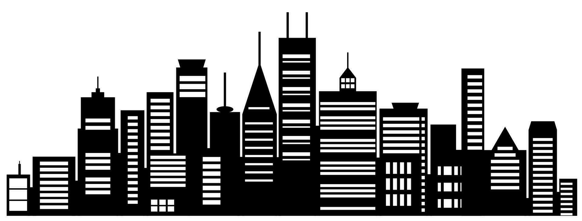 Landscape buildings silhouetted on white background. A black outline of low-rise and high-rise complexes and skyscrapers. Structural constructions placed urban object vector