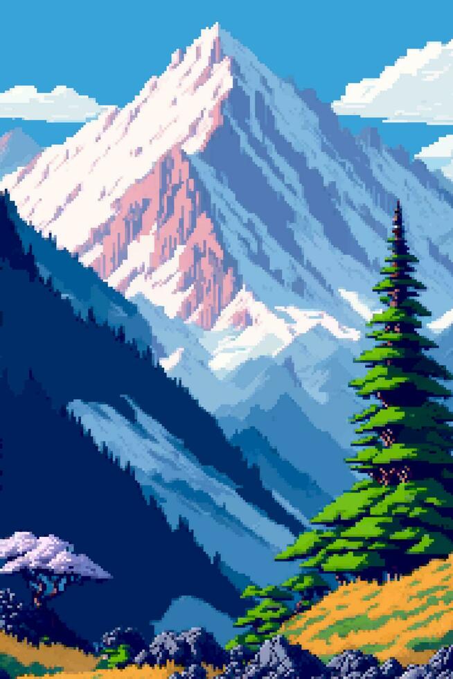 Landscape 8bit pixel art. Summer natural landscape mountain scenery arcade video game background vector