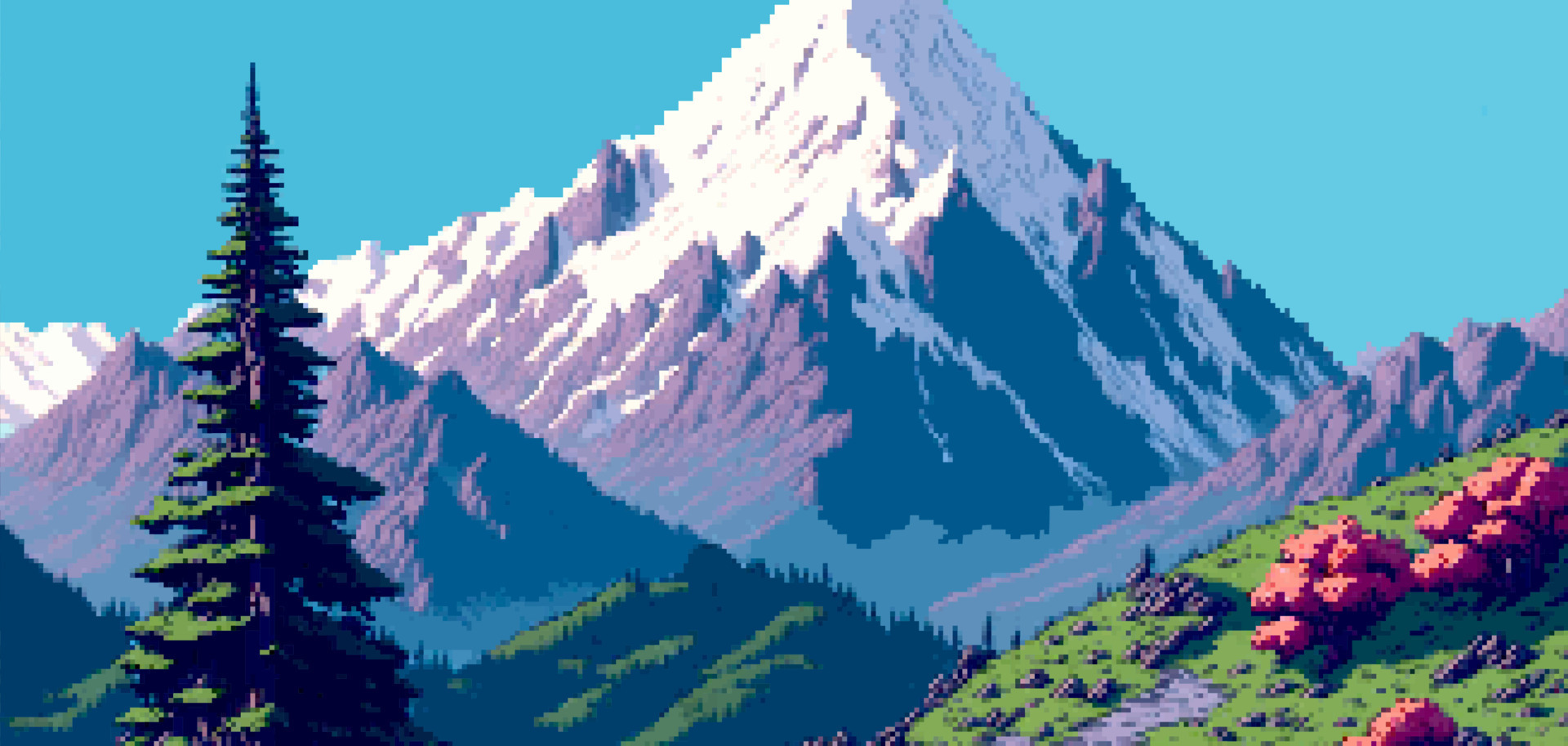 Landscape 8bit pixel art. Summer natural landscape mountain scenery