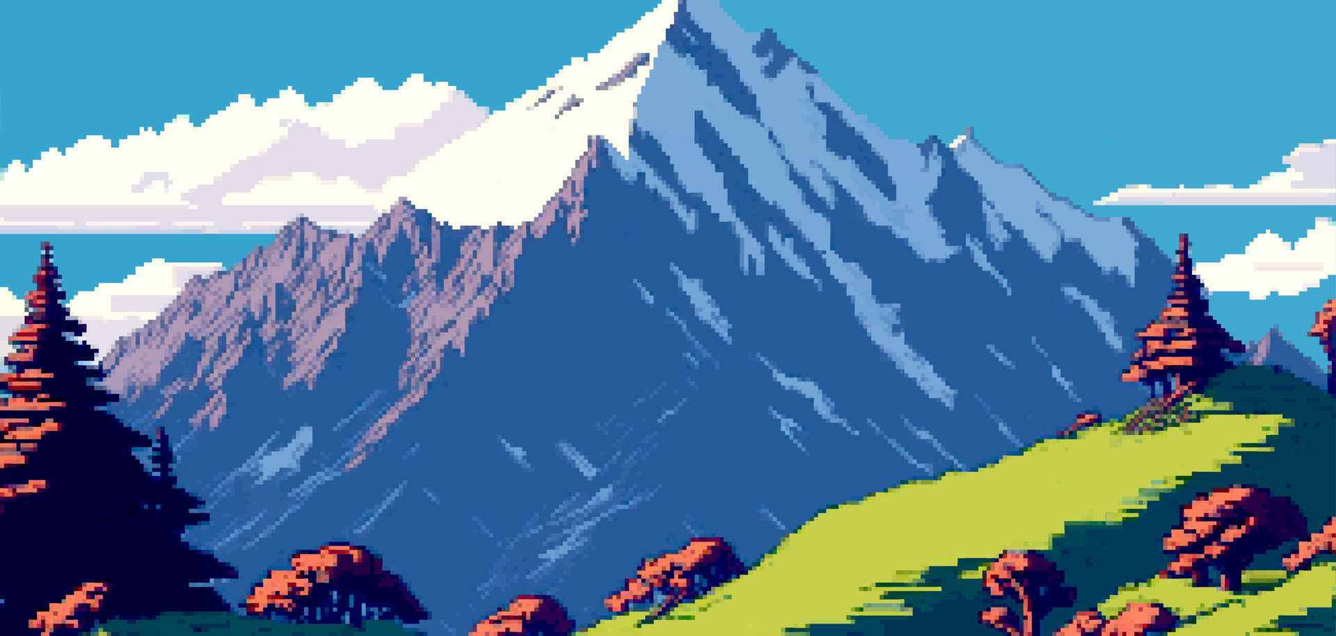 Landscape 8bit pixel art. Summer natural landscape mountain scenery