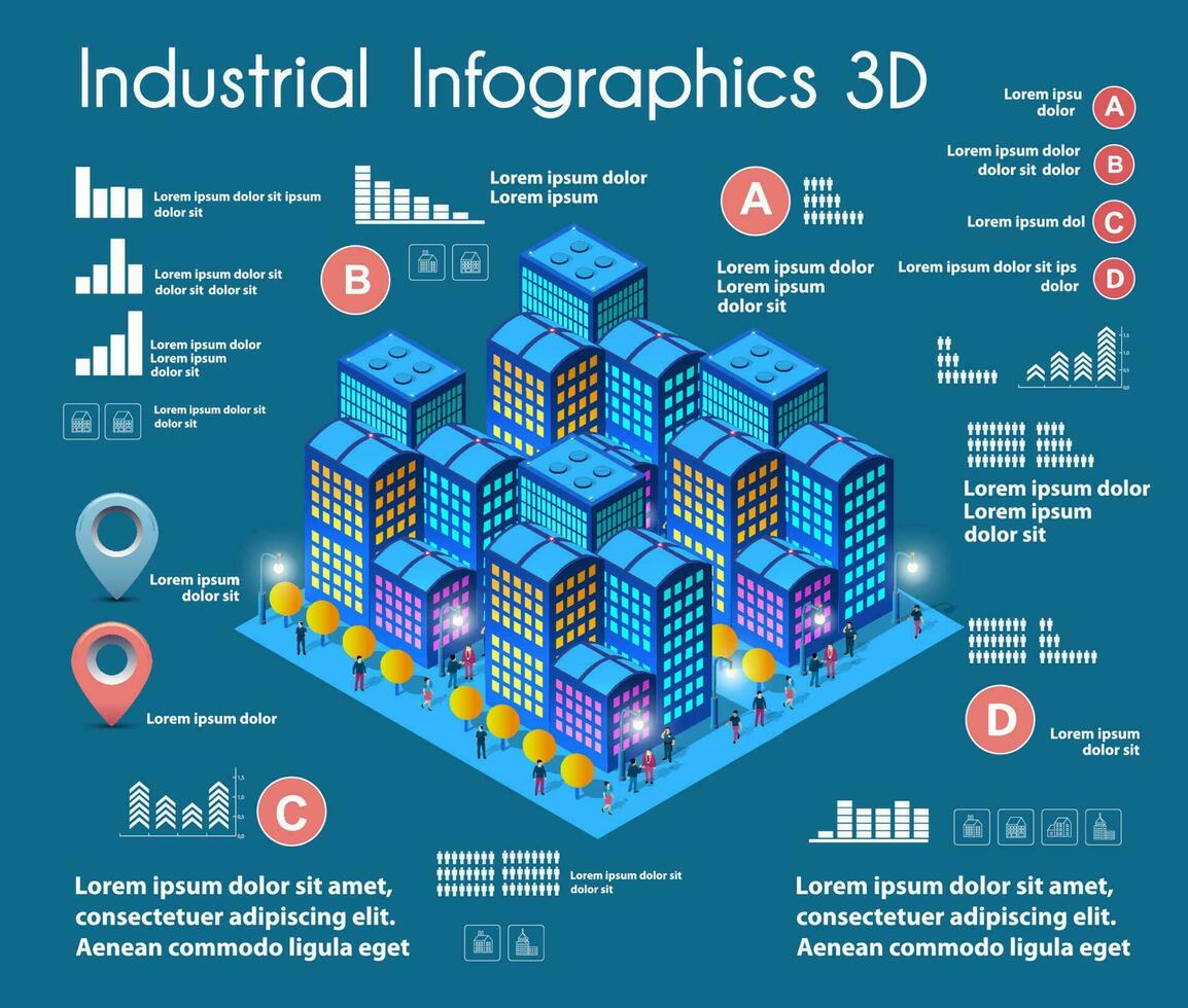 3D illustration city isometric three-dimensional infographics including skyscrapers, homes and stores with streets and trees in the area of the town with the business conceptual graphs and diagrams vector