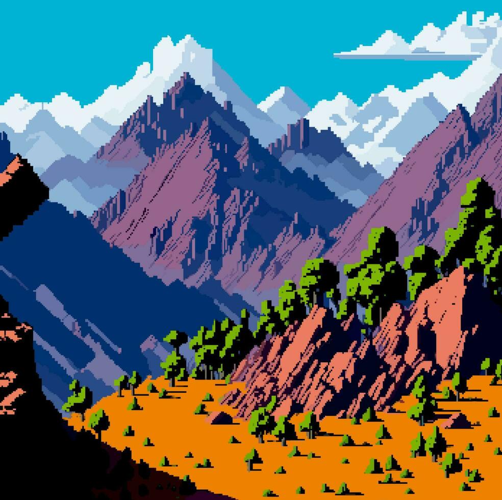 Landscape 8bit pixel art. Summer natural landscape mountain scenery arcade video game background vector