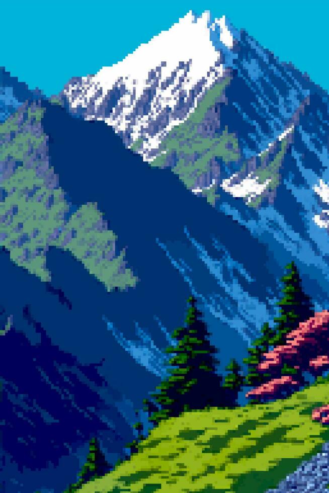 Landscape 8bit pixel art. Summer natural landscape mountain scenery arcade video game background vector