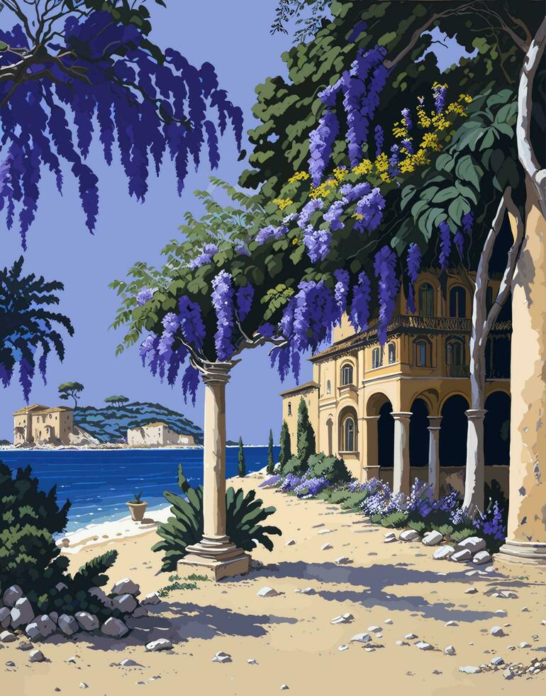 Mediterranean beach Corfu Ancient Roman architecture Renaissance vector illustration Aegean Sea villa