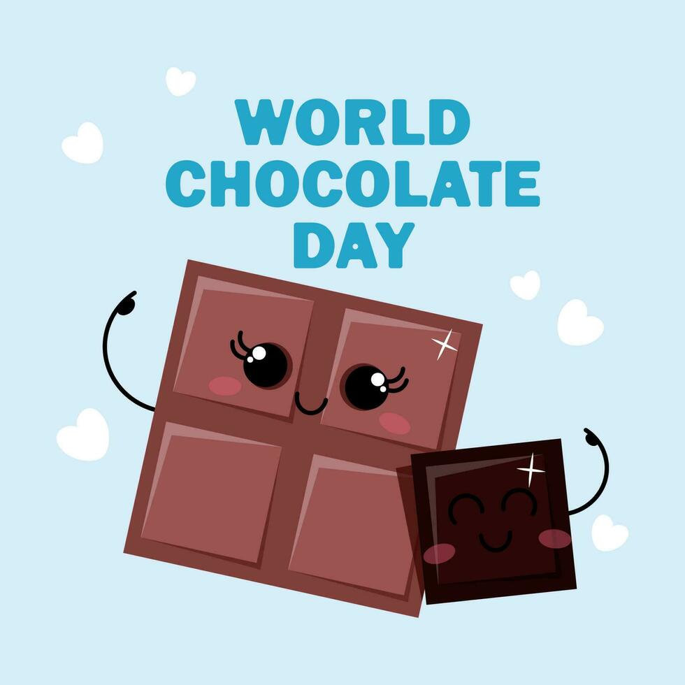 Two hugging chocolates for world chocolate day on blue background with lettering on top vector