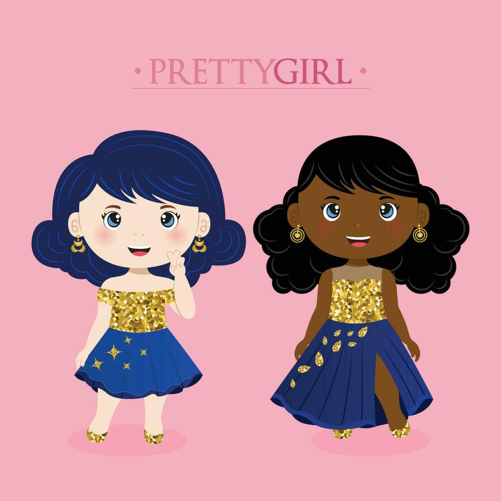 A bundle of two girls in glitter and blue dress vector