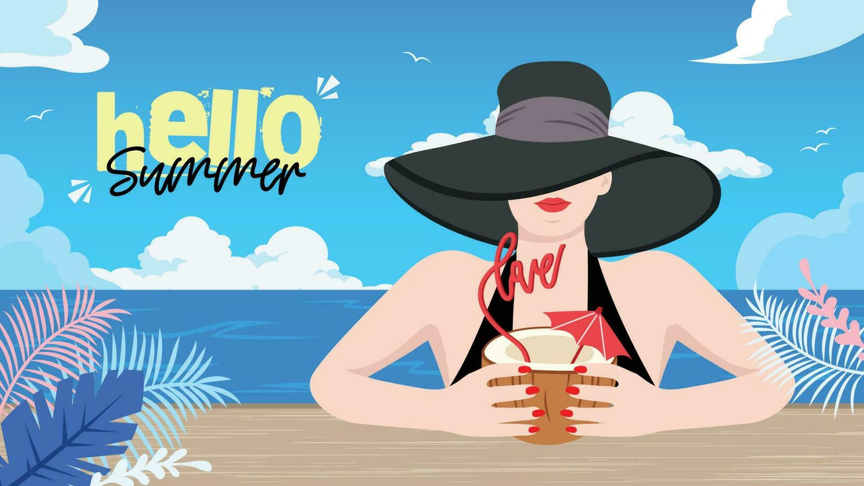 Hola verano bandera con hermosa mujer en bikini conjunto vector