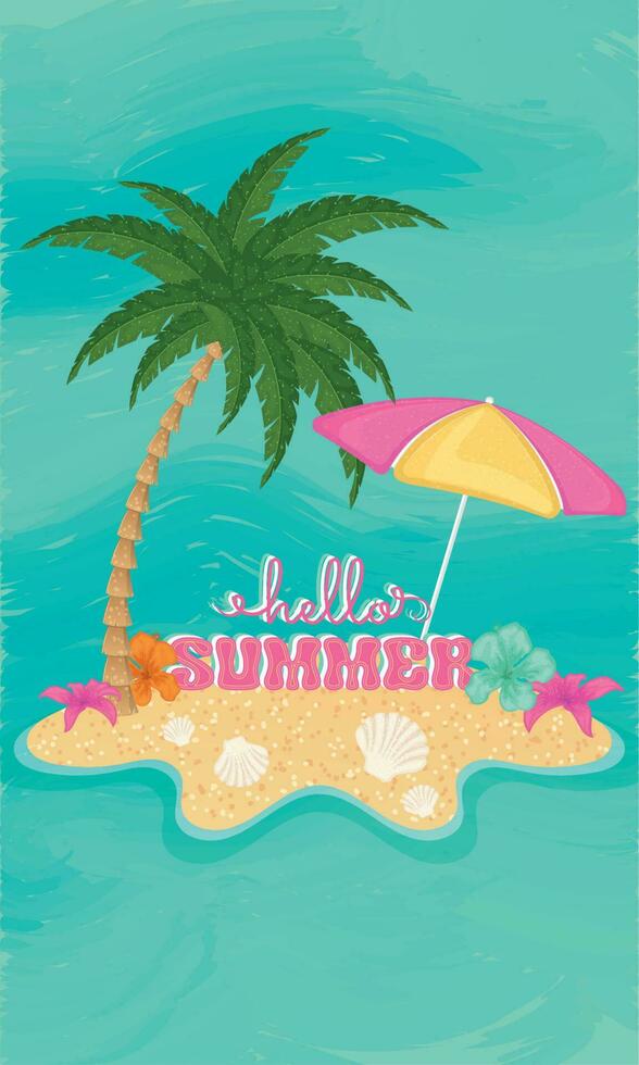 Hello summer vertical template with isolated island with palm tree Vector