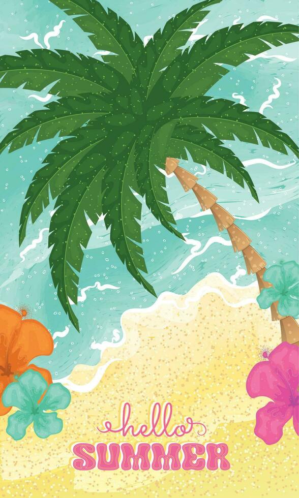Colored beach with flowers and palm tree Hello summer vertical template Vector