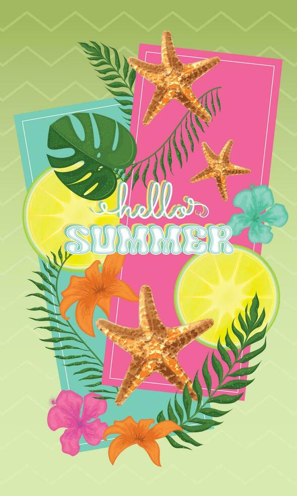 Hello summer colored vertical template with flowers and seasonal leaves Vector