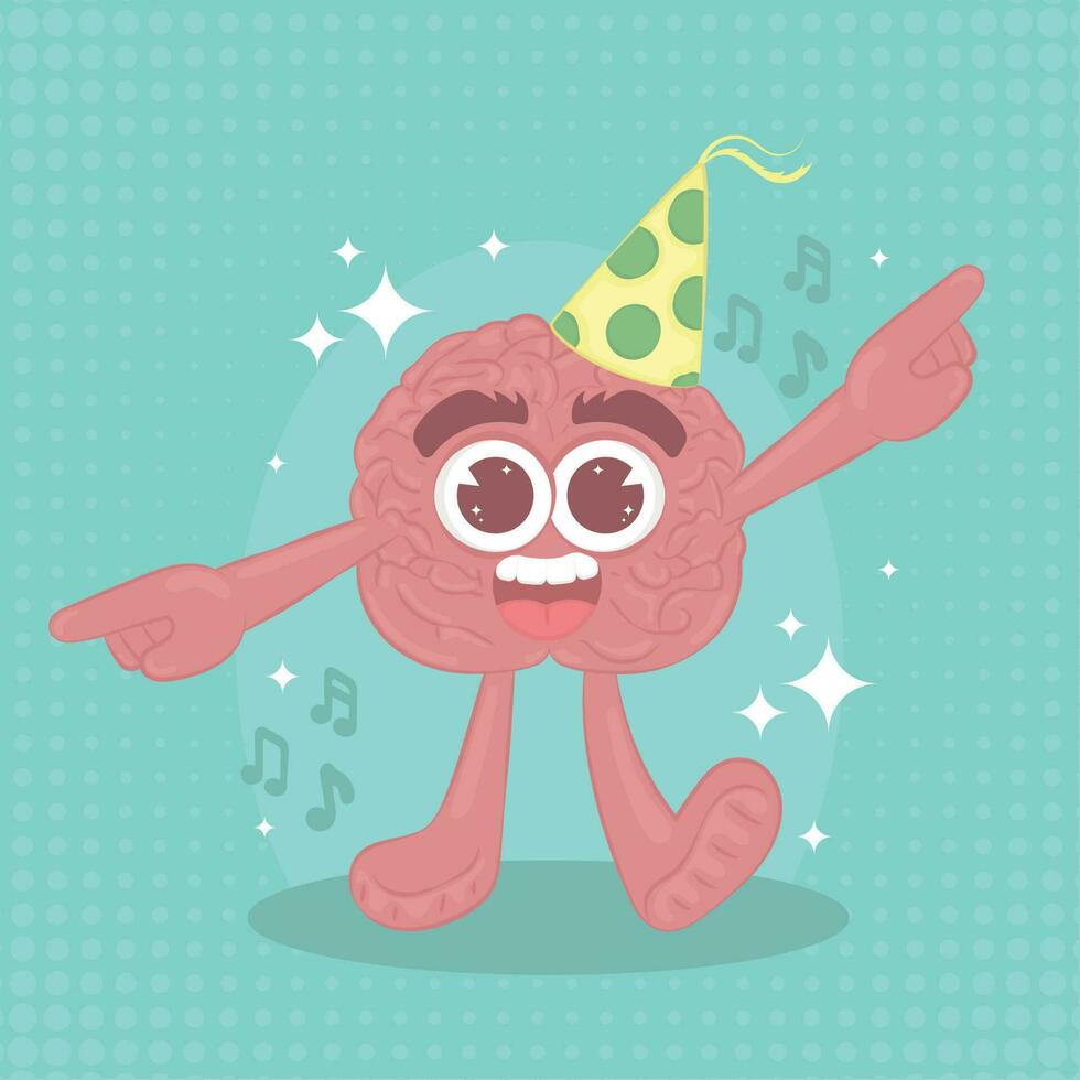 Isolated cute happy brain cartoon character celebrating Vector