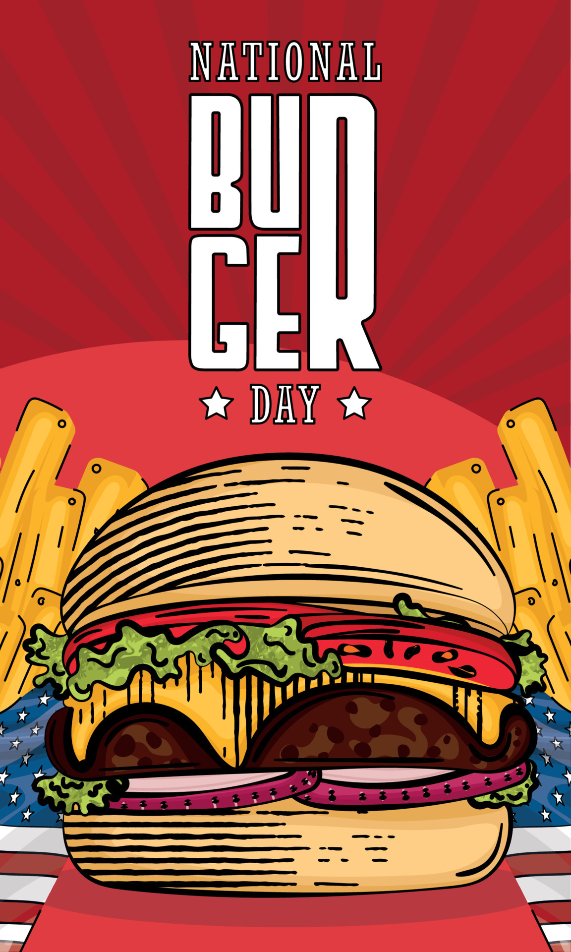 National burger day vertical template with cheeseburger and french