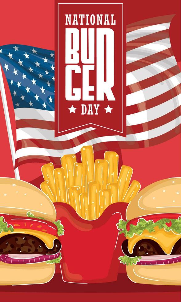 National burger day vertical template with cheeseburger and french fries Vector