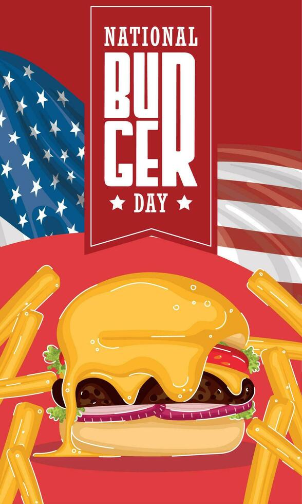 National burger day vertical template with cheeseburger and french fries Vector