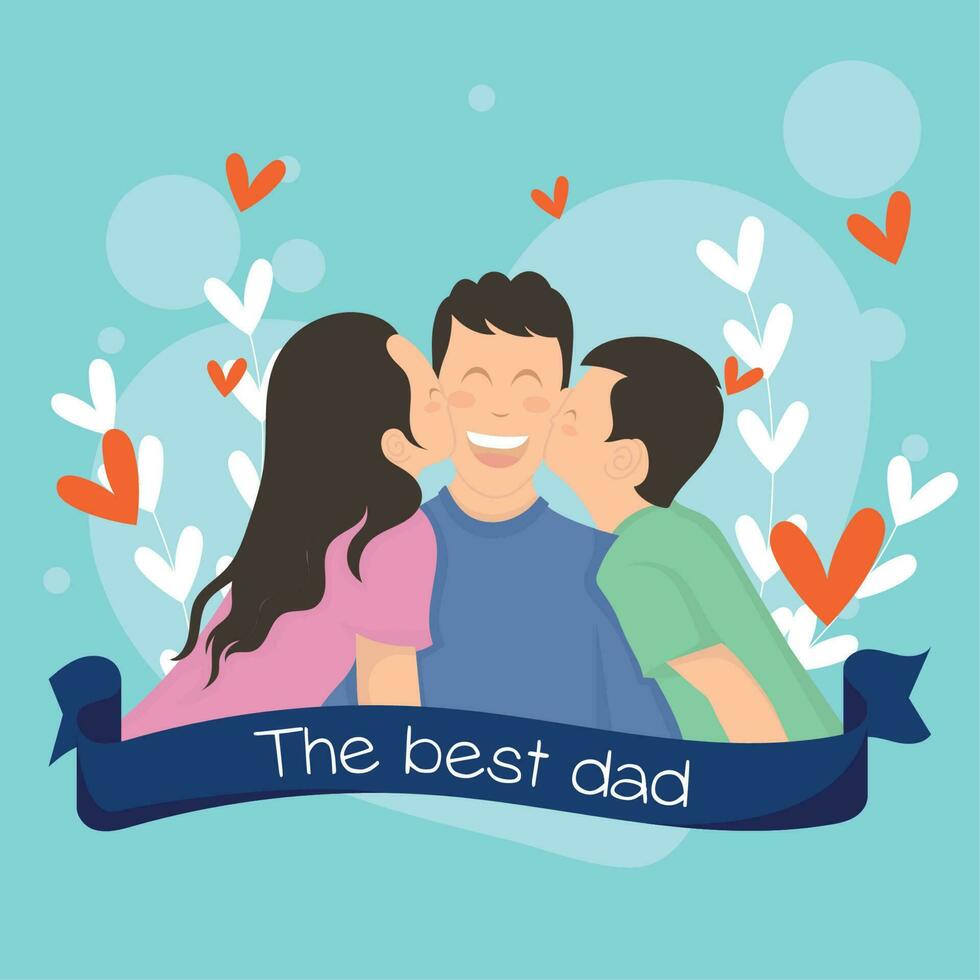 Cute father character being kissed by his children Happy father day Vector