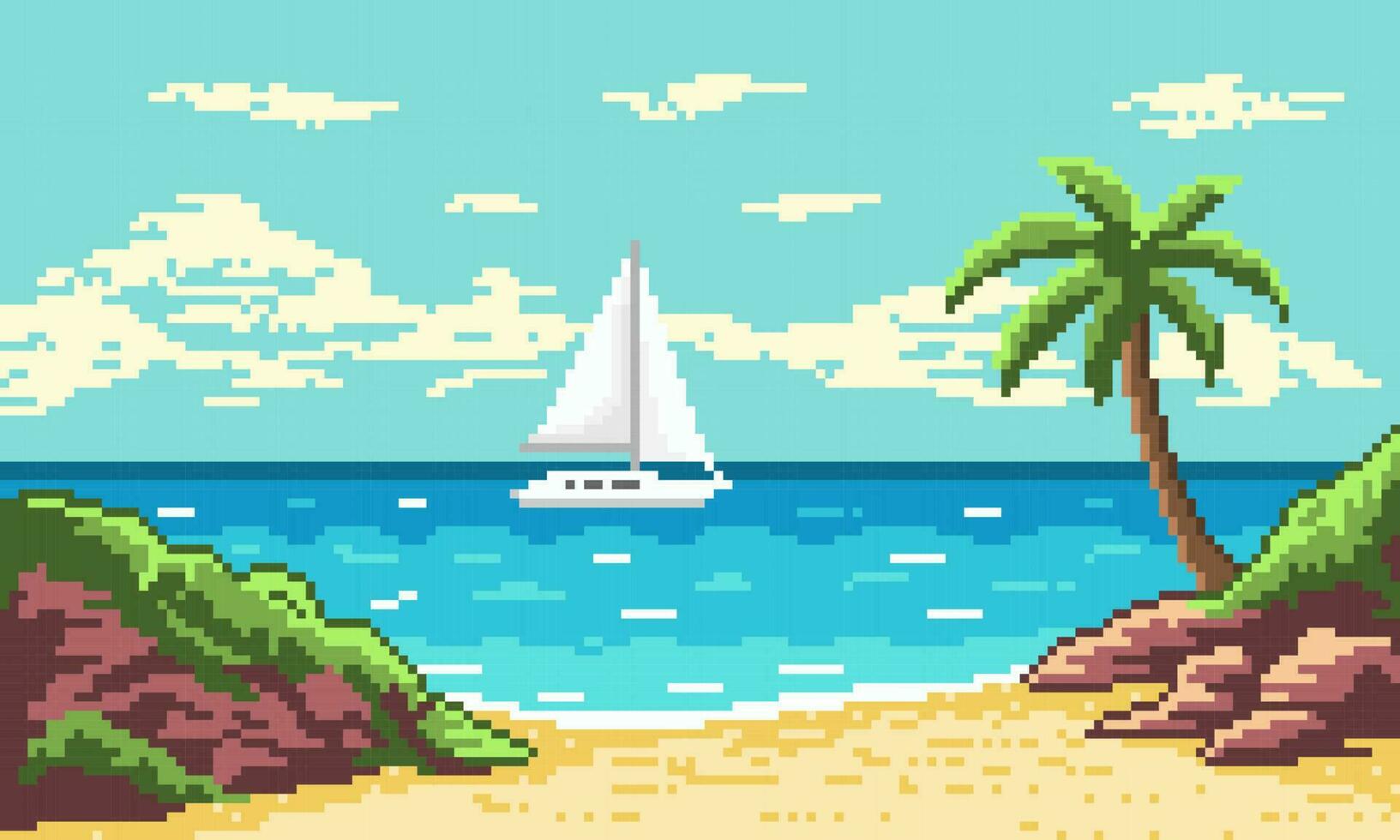 Pixel tropical beach with white sailboat on waves background. Blank yellow sandy beach with palm trees gray stones and green grass. Fluffy blue clouds in sky and white surf foam in vector ocean