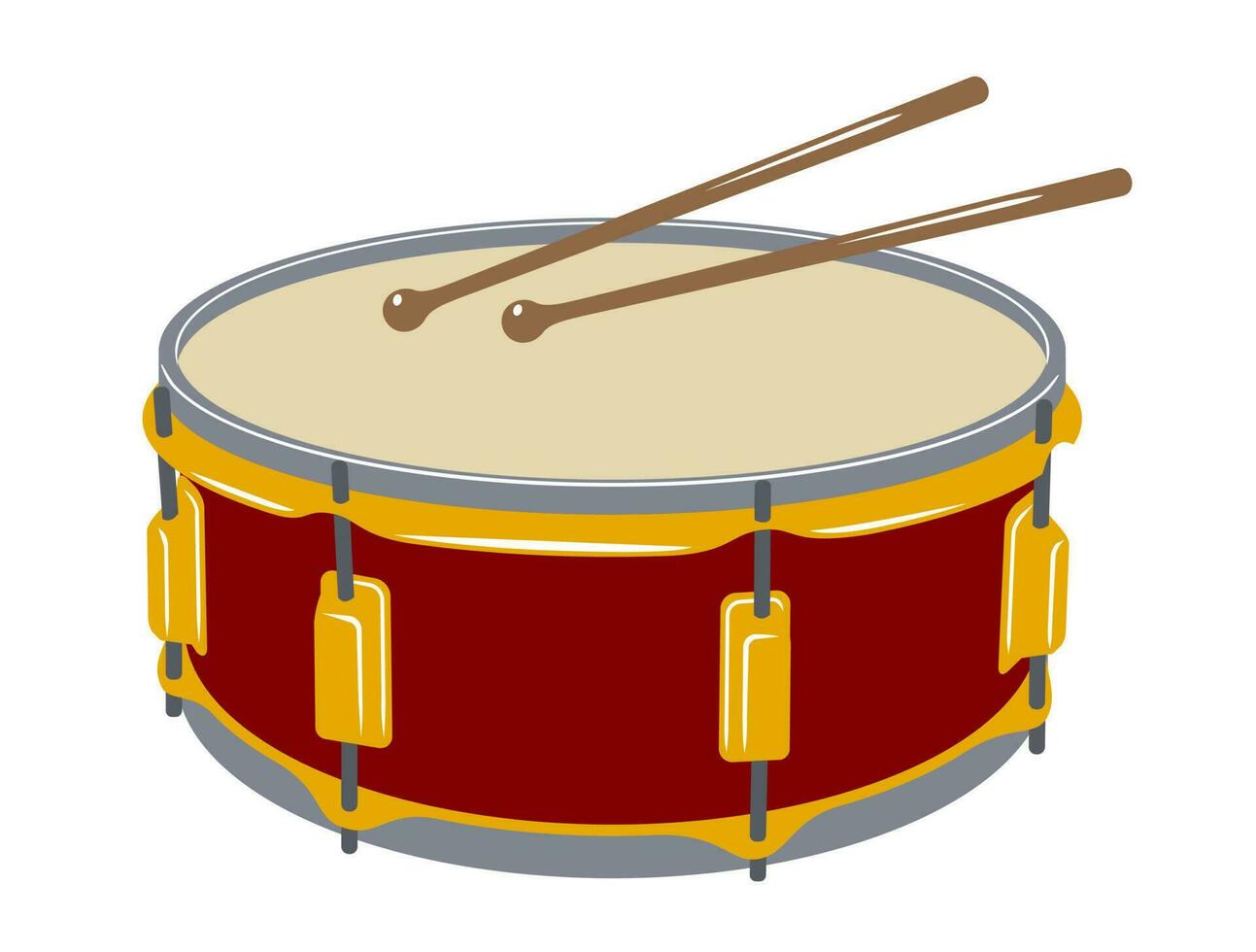 Bass drum and drumsticks. Musical instrument. Vector clipart isolated on white.