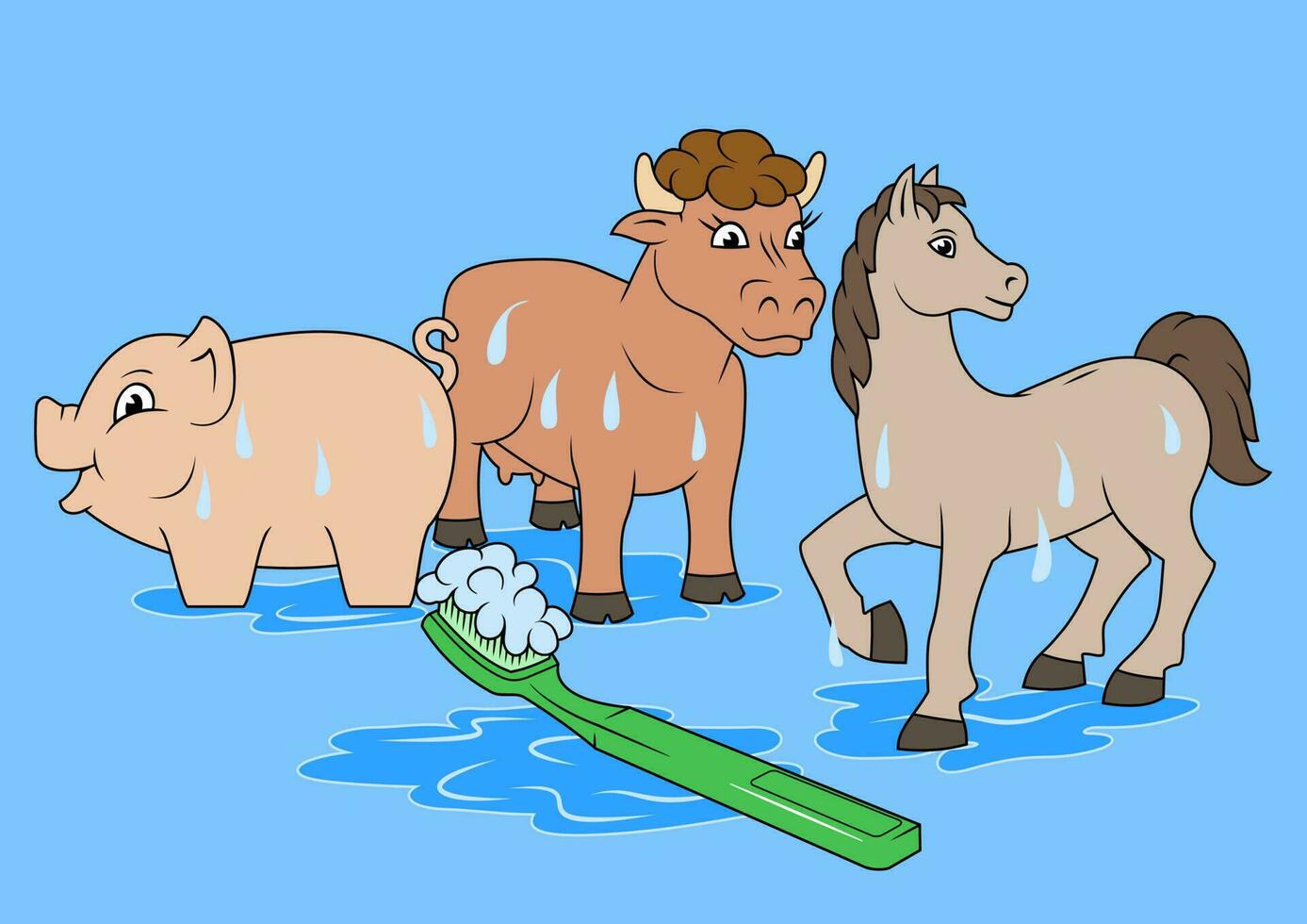 Lavado juguetes cerdo, vaca, caballo, cepillo de dientes con jabón. todas elementos son separado. vector ilustración.