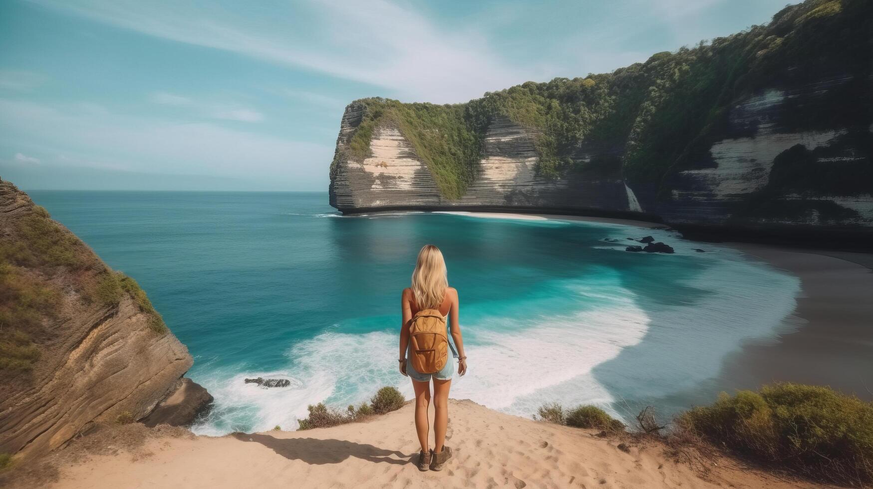 Travel girl on seaside. Illustration photo