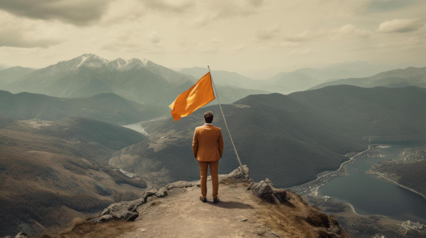 Man with flag on mountain. Illustration photo