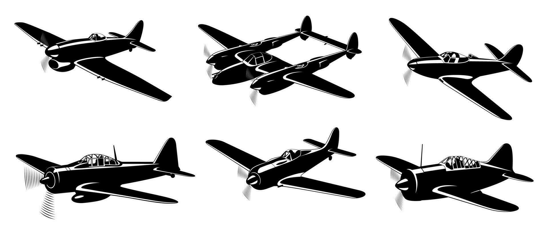 segunda Guerra Mundial combatiente aviones siluetas colección aislado en blanco. volumen 3. vector imágenes prediseñadas