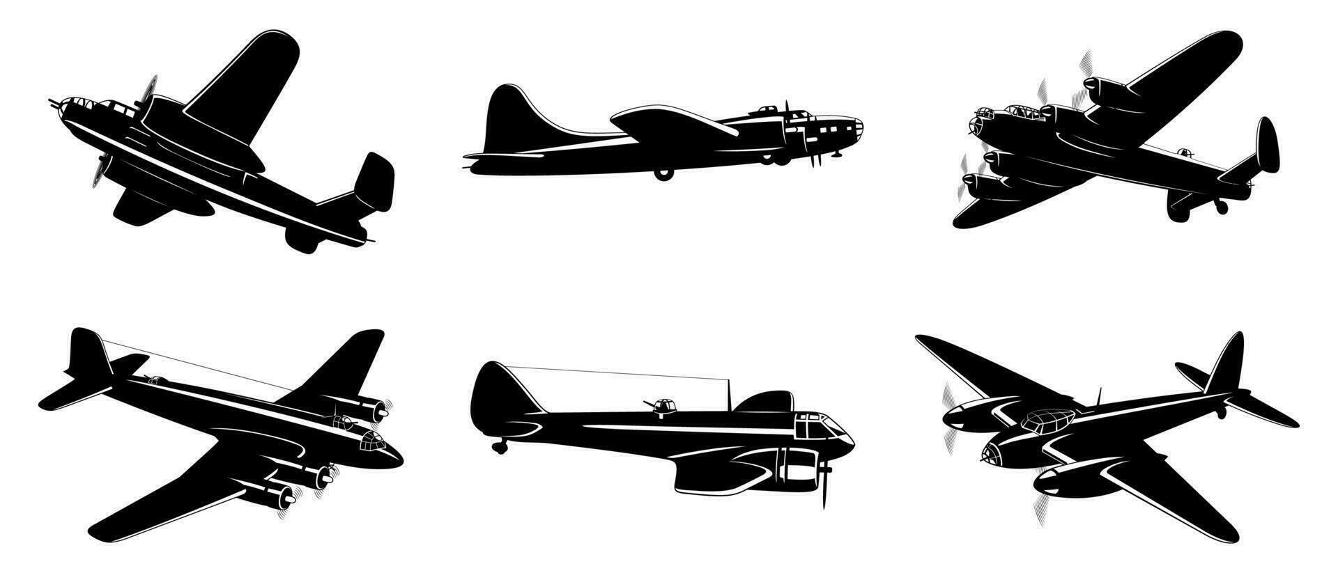 WWII Bombers silhouettes collection isolated on white. Vector cliparts.