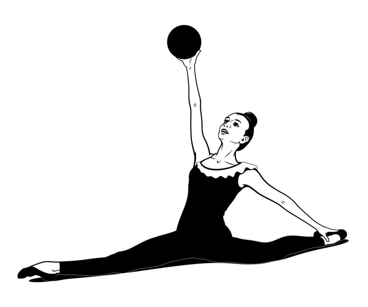 rítmico gimnasia. niña con pelota. vector tinta estilo contorno dibujo. sombra y pelota son separar objetos.