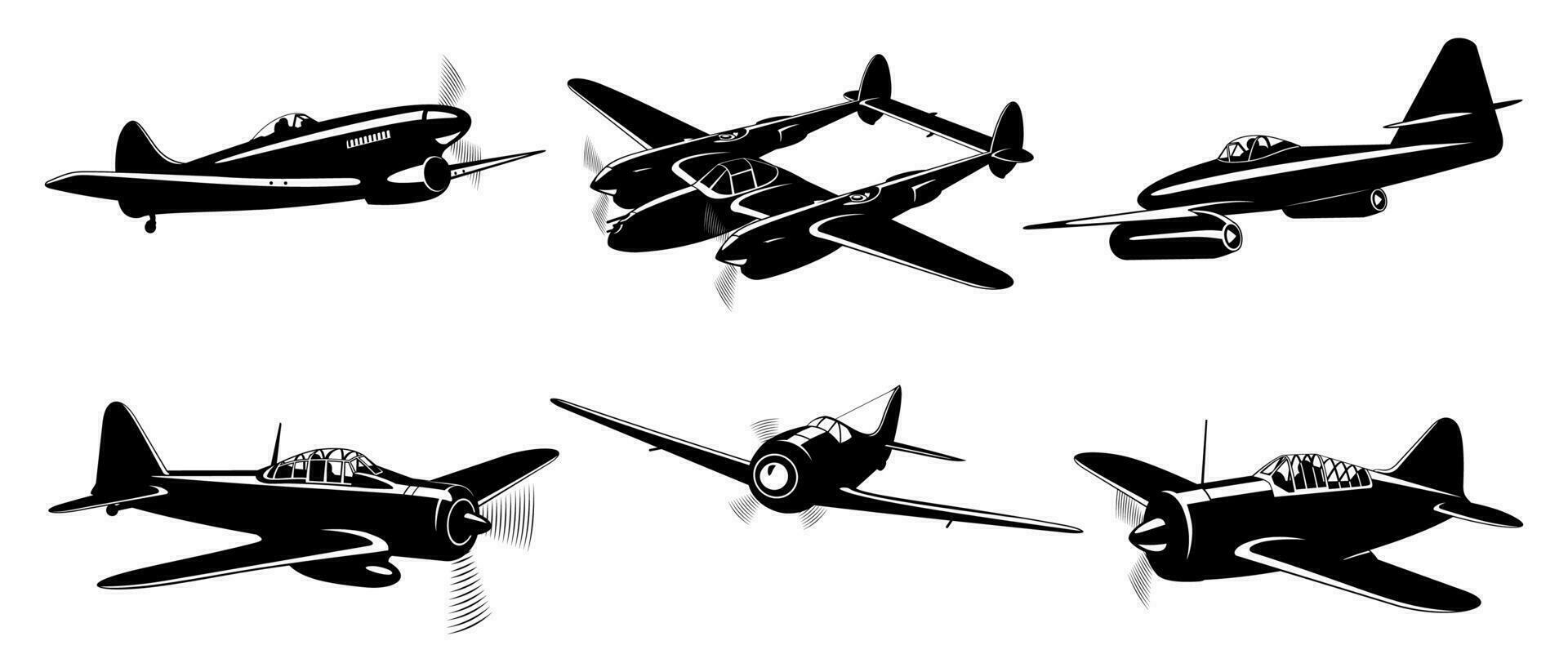 WWII Fighter Planes silhouettes collection isolated on white. Volume 2. Vector cliparts.