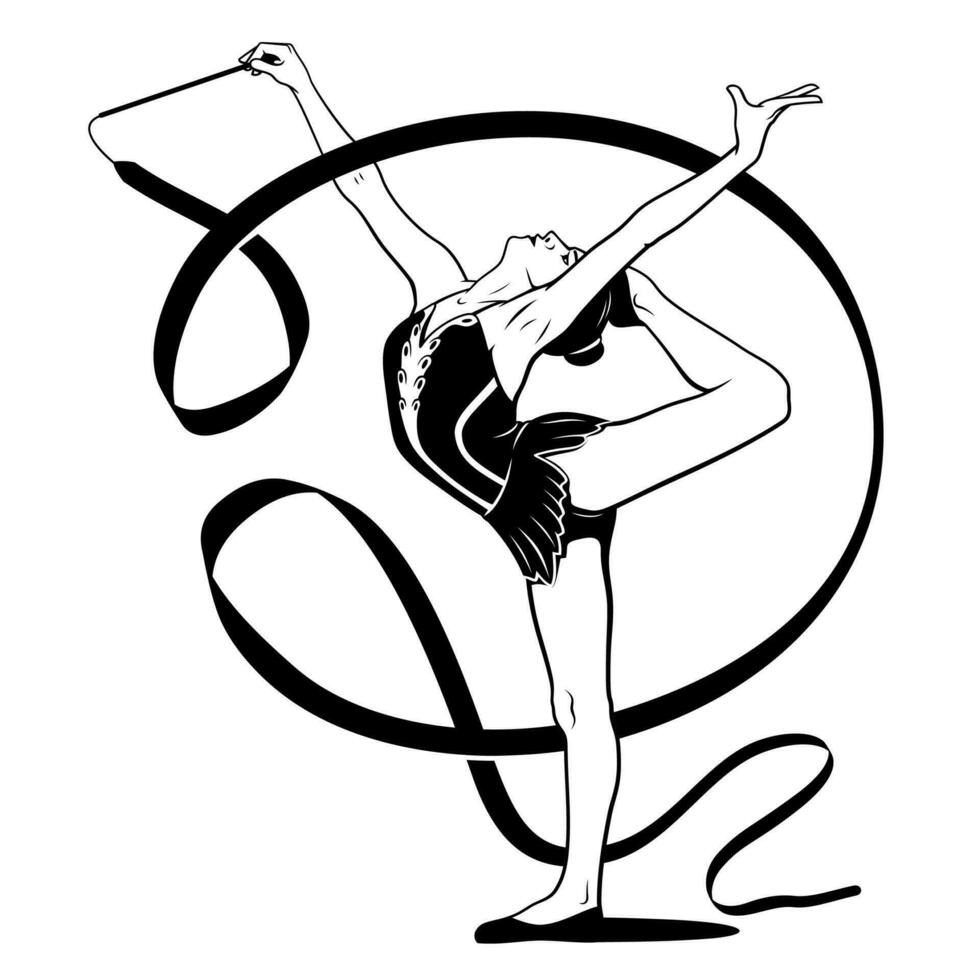 rítmico gimnasia. mujer con cinta. vector tinta estilo contorno dibujo. sombra y cinta son separar objetos.