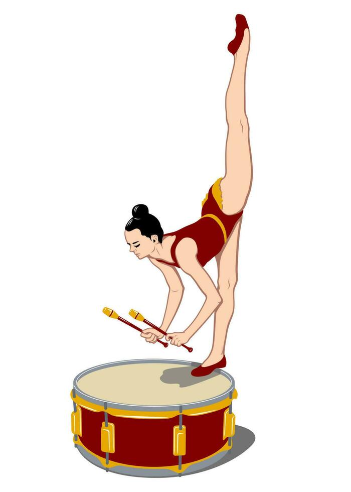 Gymnast with clubs standing on a drum. Rhythmic Gymnastics, Circus.  Vector drawing. Drum is the separate object.