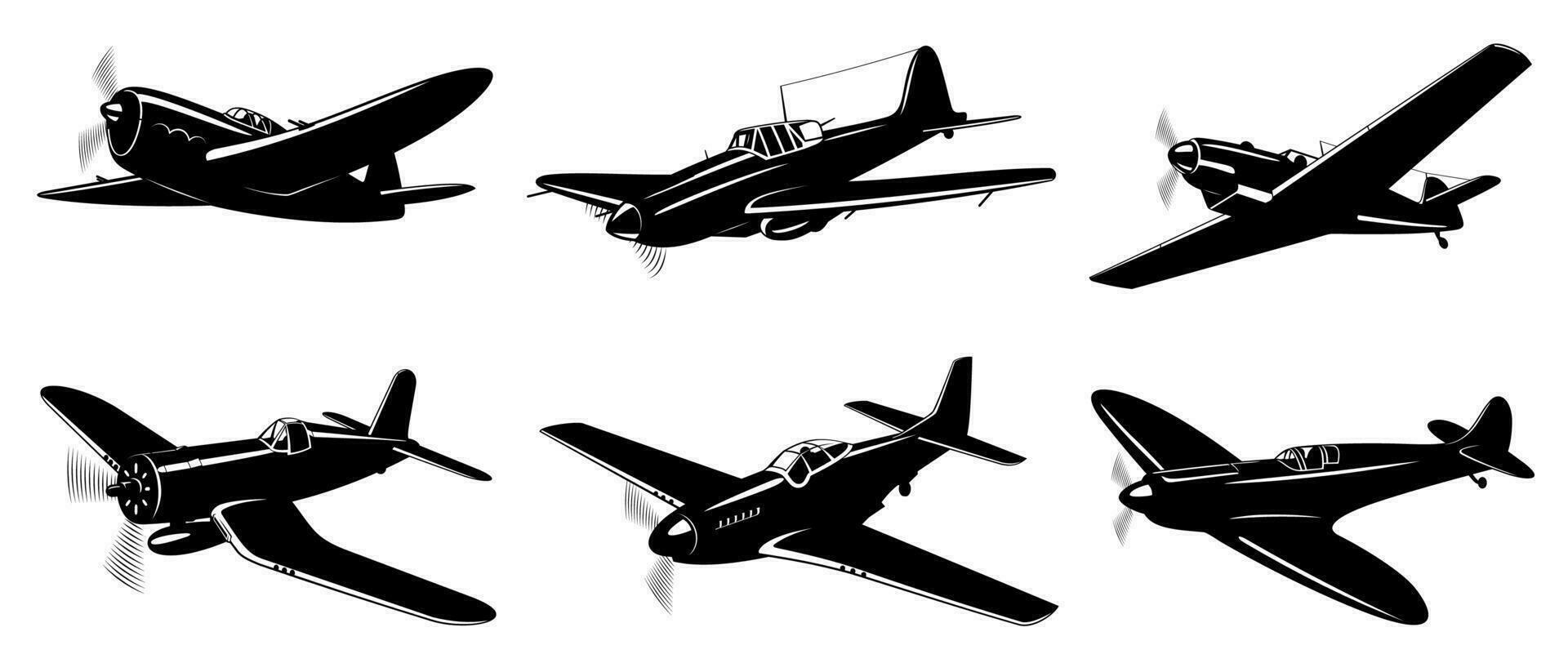 WWII Fighter Planes silhouettes collection isolated on white. Volume 1. Vector cliparts.