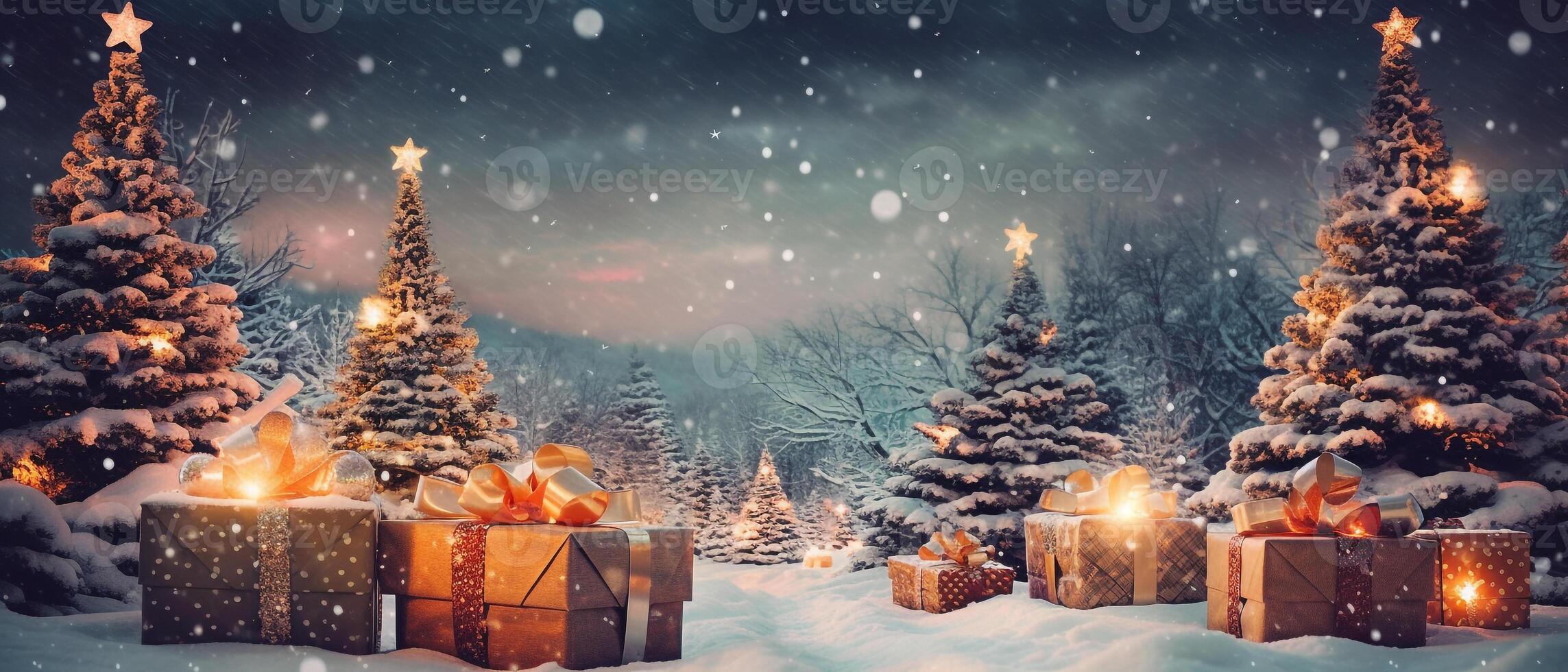 Christmas banner background, vintage gift boxes and balls on full with snow, photo