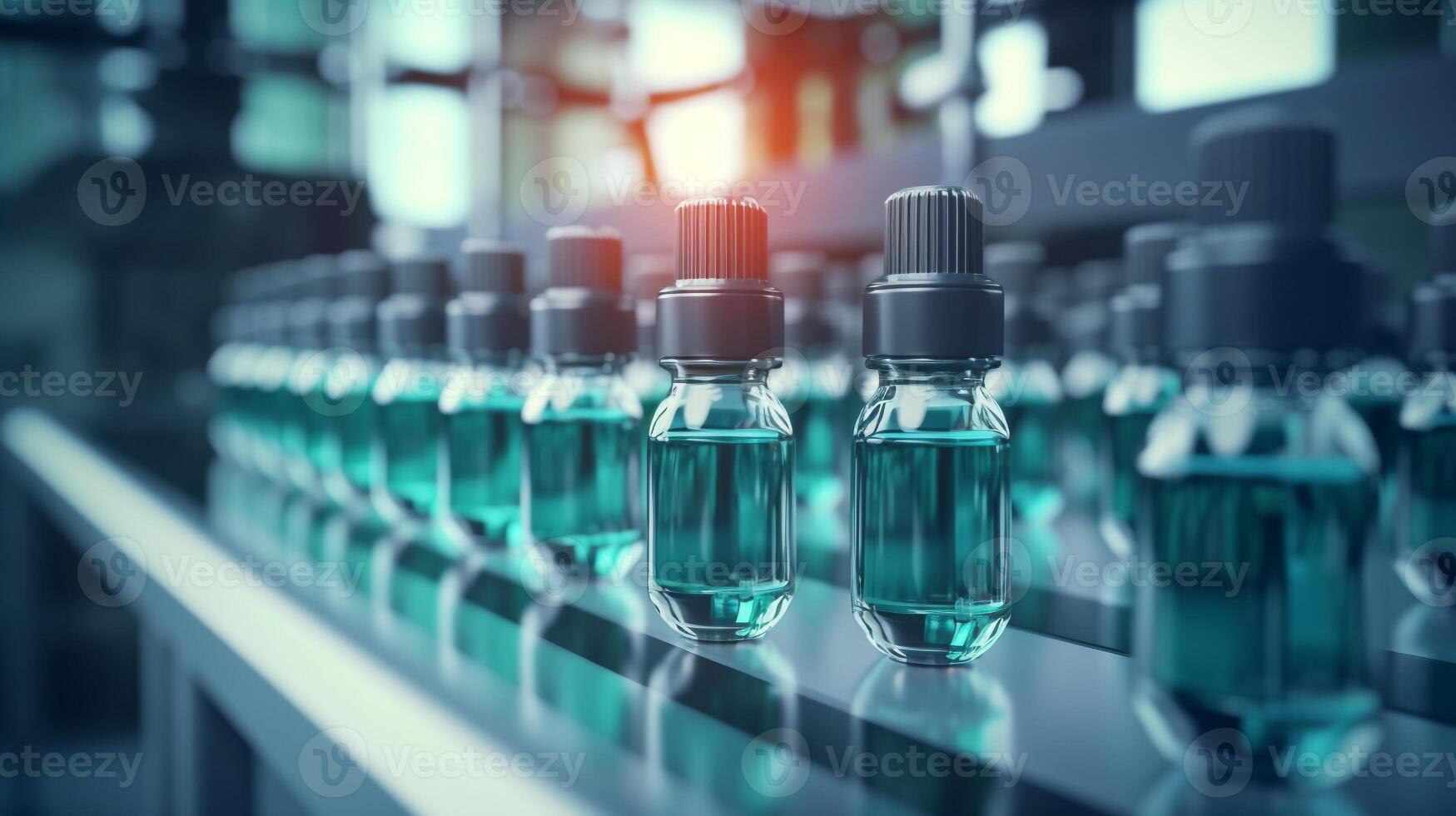 Medical vials drug and vaccine on production line at pharmaceutical factory, Pharmaceutical machine working pharmaceutical glass bottles production line, photo