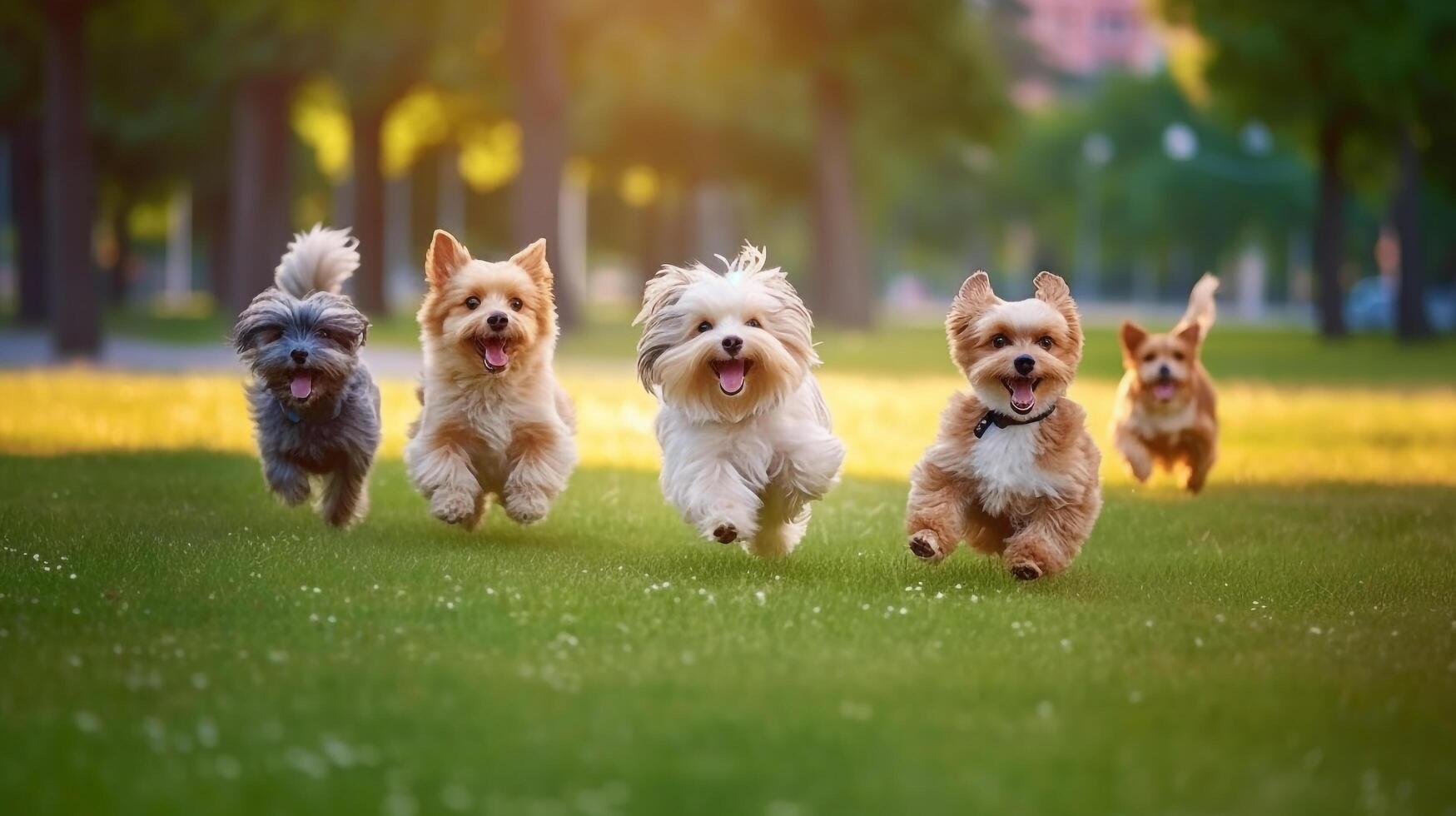 linda gracioso perros grupo corriendo y jugando en verde césped en parque, generativo ai foto