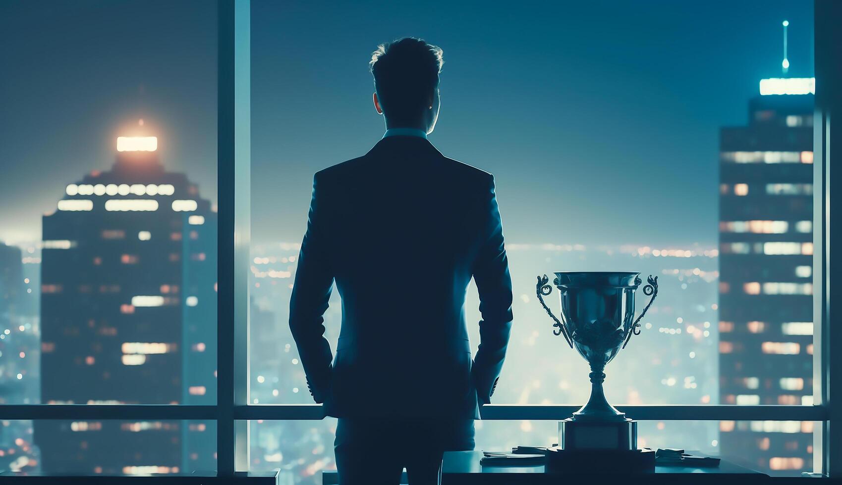 businessman with trophy standing in office and look out to city, successful leader and success and winner concept, photo