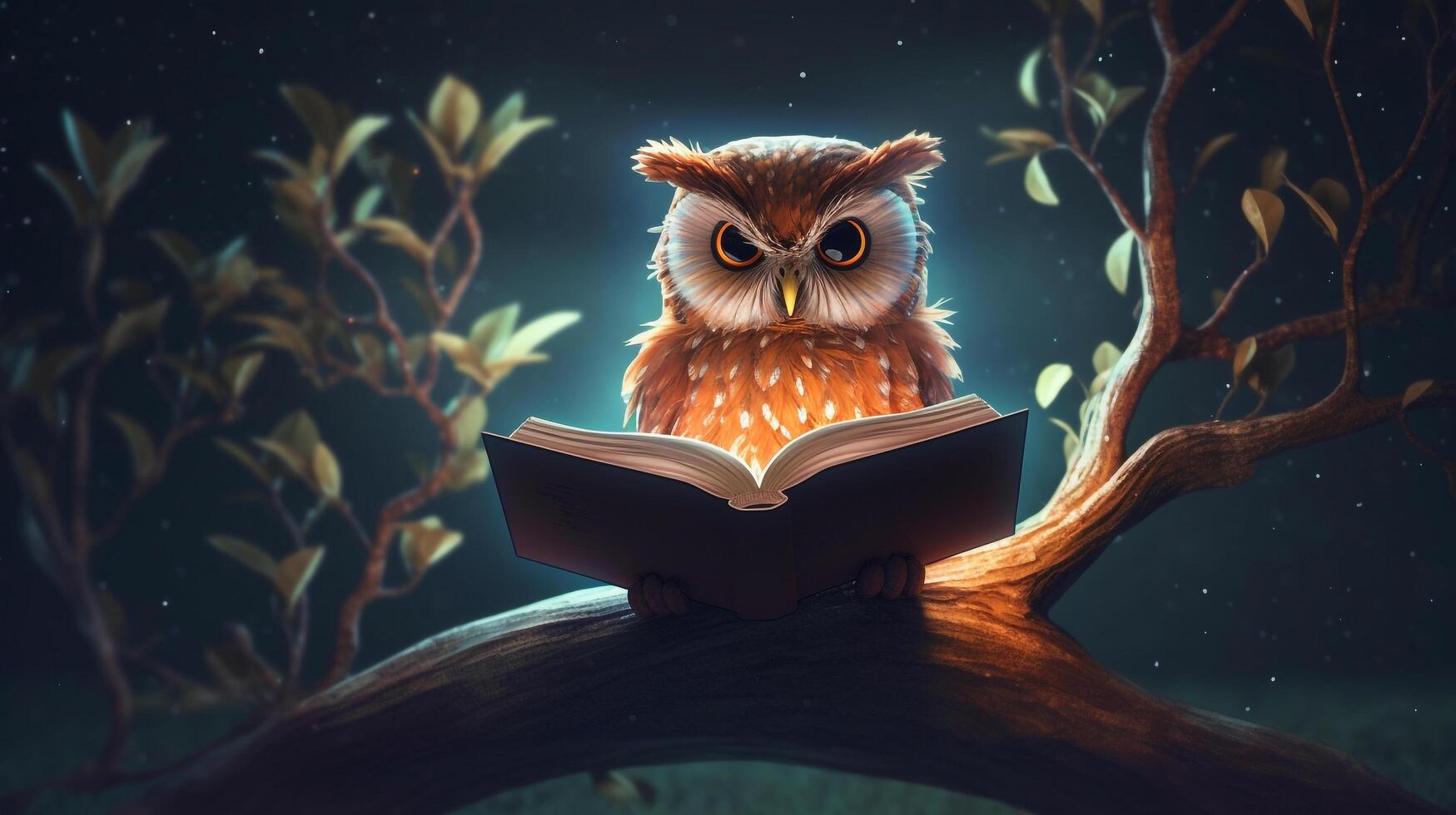 búho leyendo libro en árbol a noche, aprendizaje y conocimiento concepto, generativo ai foto