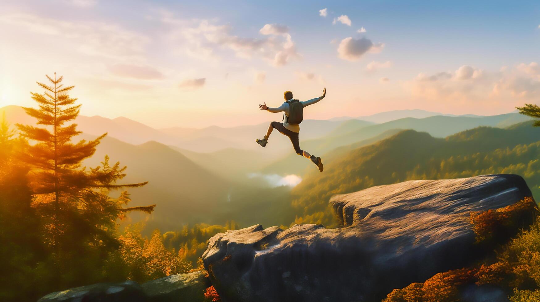 Success and adventure concept, successful hiker man jumping on the top of the mountain in morning sunrise, . photo