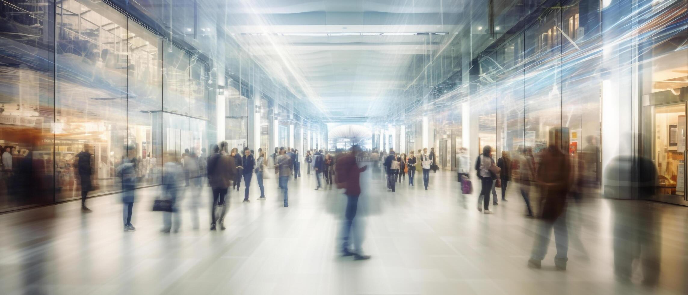 group of people go shopping in fast movement in mall, photo