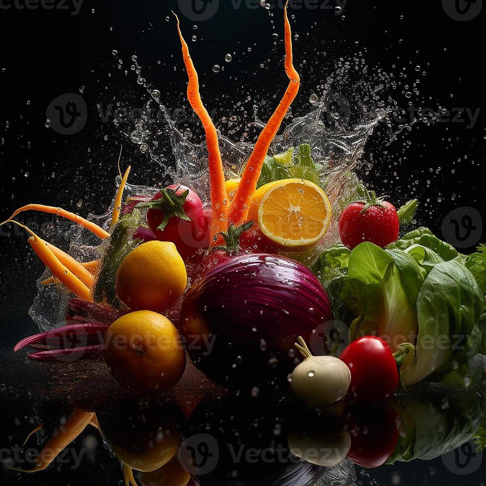 Flying fruits and vegetables splashes in to clear water on dark background. Fresh healthy food concept. . photo