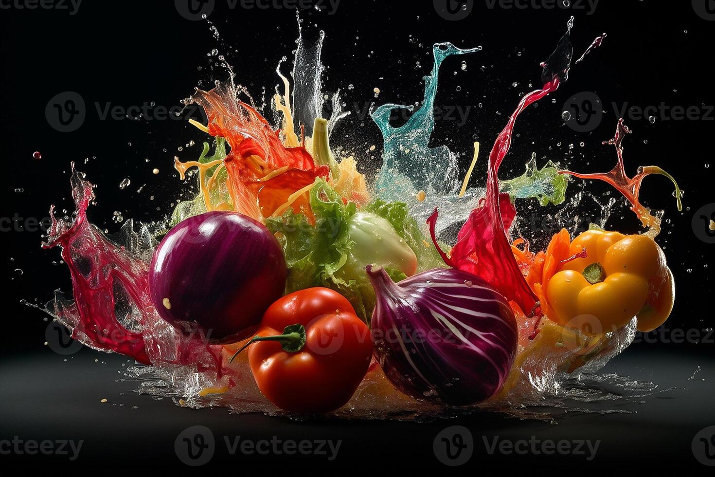 Flying fruits and vegetables splashes in to clear water on dark background. Fresh healthy food concept. . photo