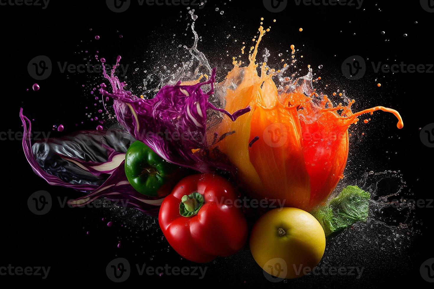 Flying fruits and vegetables splashes in to clear water on dark background. Fresh healthy food concept. . photo