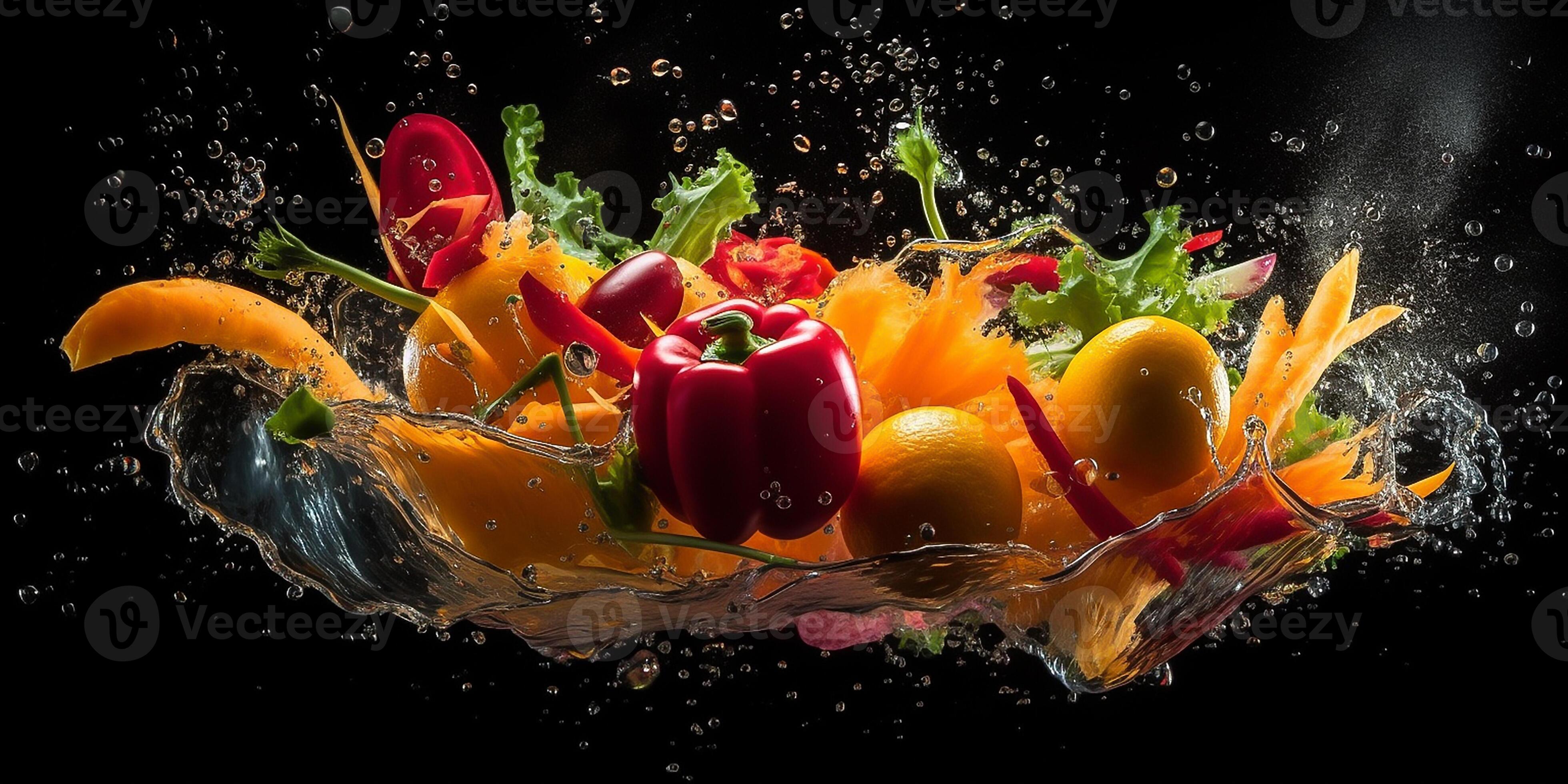 Flying fruits and vegetables splashes in to clear water on dark