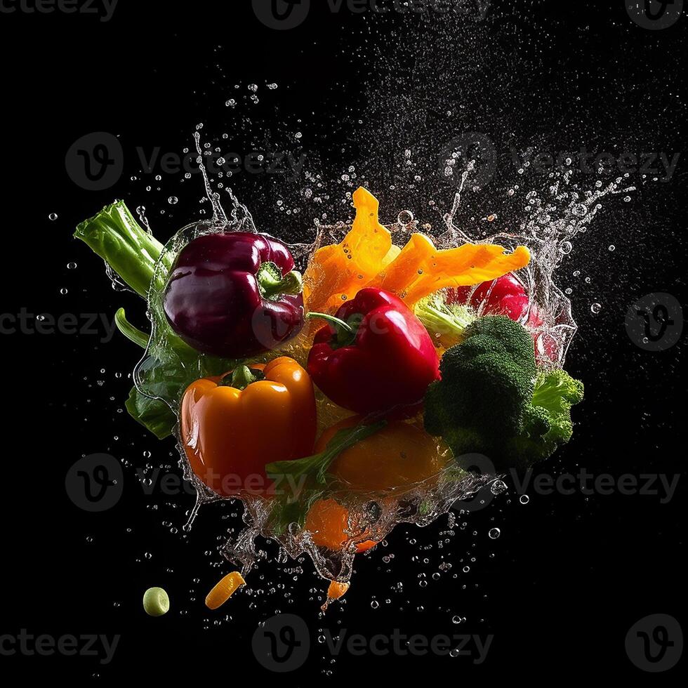 Flying fruits and vegetables splashes in to clear water on dark background. Fresh healthy food concept. . photo