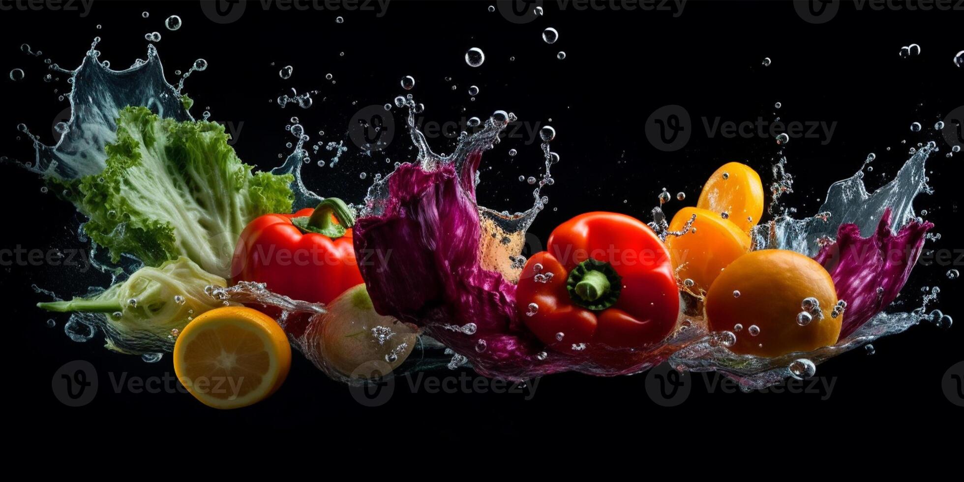 Flying fruits and vegetables splashes in to clear water on dark background. Fresh healthy food concept. . photo