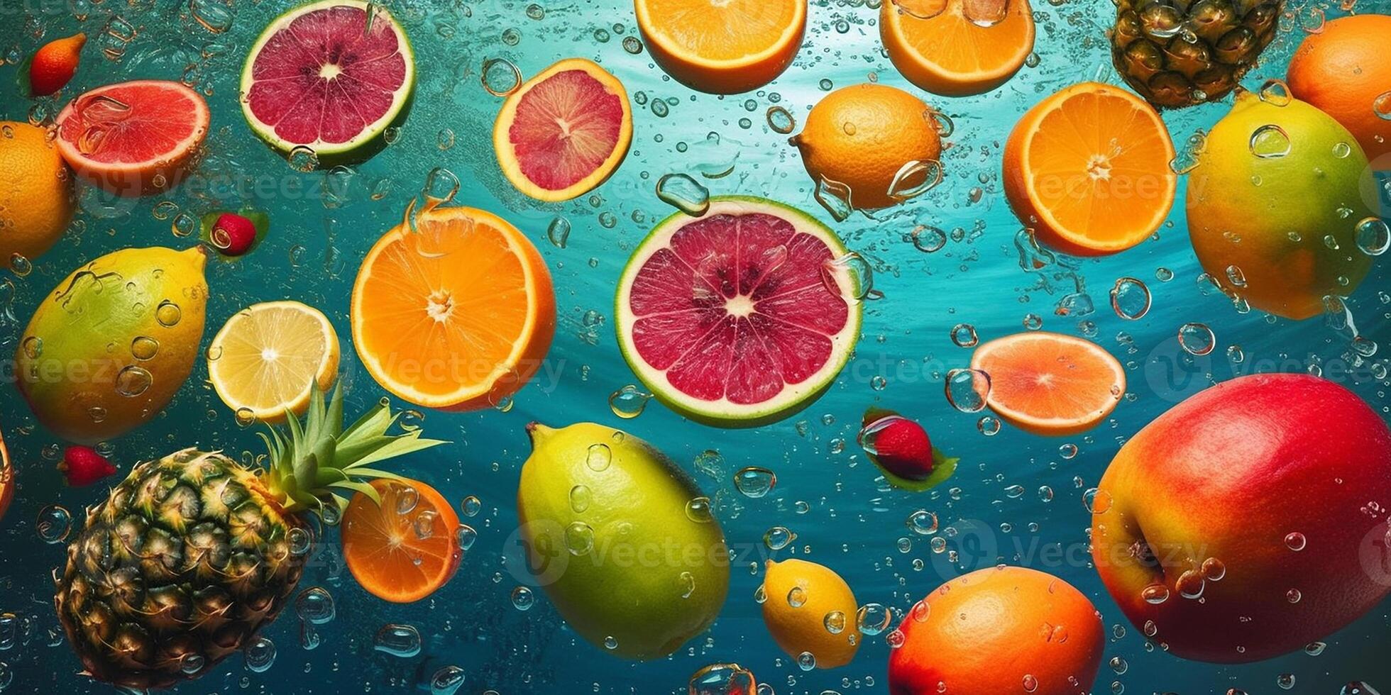 Closeup of fresh juicy orange slices splashes inside clear water. . photo