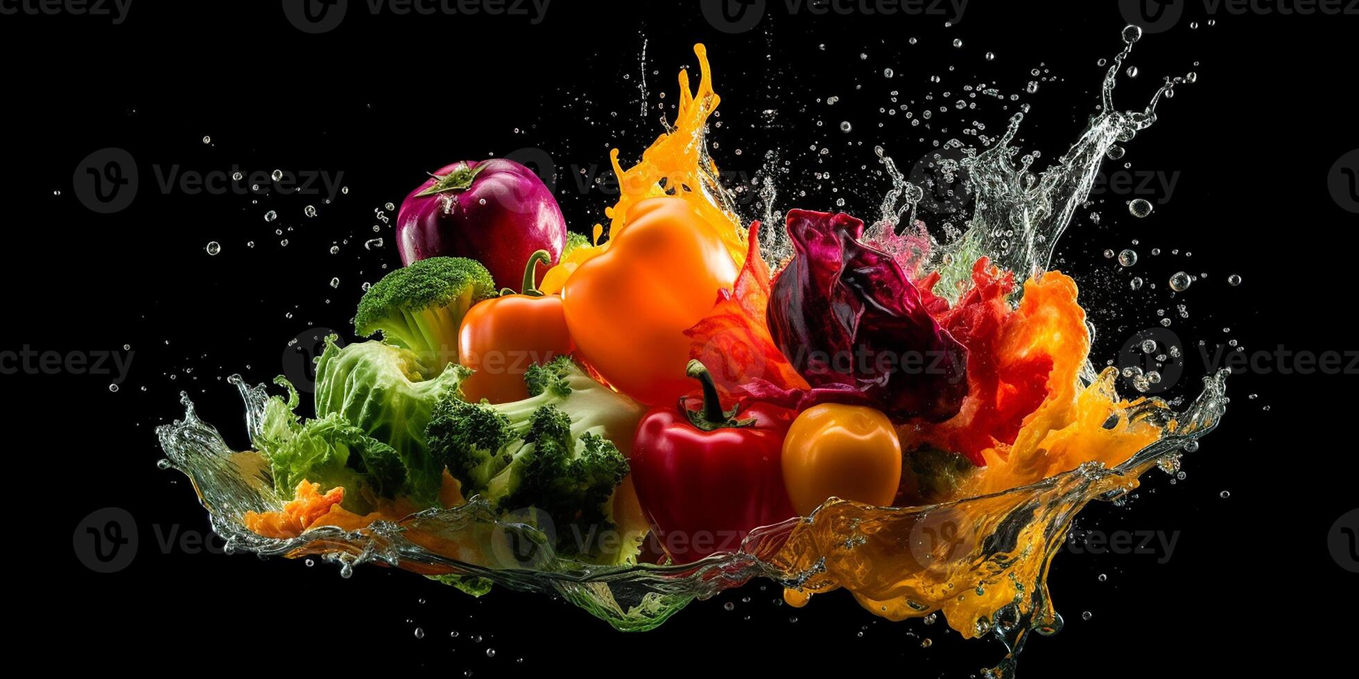 Flying fruits and vegetables splashes in to clear water on dark background. Fresh healthy food concept. . photo